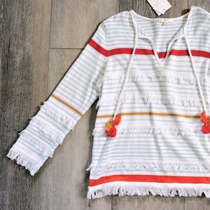 Lisa Todd tassel fringe sweater, white/blue/multicolor, small, NWT